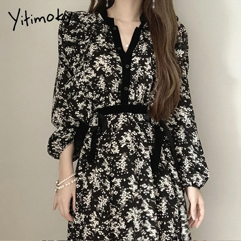 Женское шифоновое платье Yitimoky черно-фиолетовое с цветочным принтом длинным