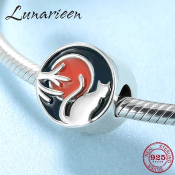 

New 925 Sterling Silver Autumn harvest Cat sunset Enamel Charms Beads Fit Original europeu Bracelet Jewelry making
