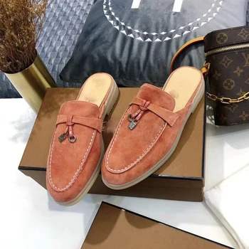 

New Suede half Slippers Women Round toe Spring Mules Shoes Metal Decor Ladies Slides thick sole Runway Casual flat women's Shoes