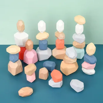 

Children Wooden Colored Stone Jenga Building Block Educational Toy Creative Nordic Style Stacking Block Game Rainbow Wooden Toy