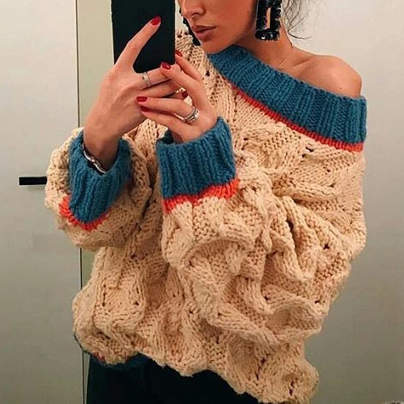 Casual Loose Sweater Women Knitted Color Collision Long Sleeve Pullover Ladies Oversize Sexy Offshoulder Plus Size | Женская одежда