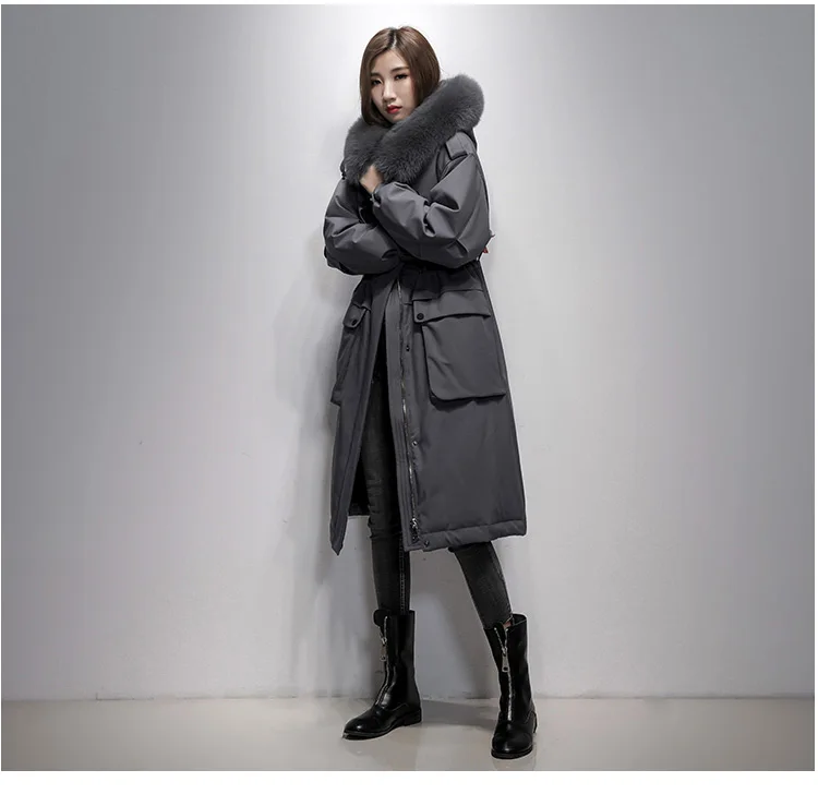 Зимнее пуховое пальто Женская куртка с лисьим меховым воротником, одежда с капюшоном корейский 90% утиный пуховик длинное теплое пальто Hiver