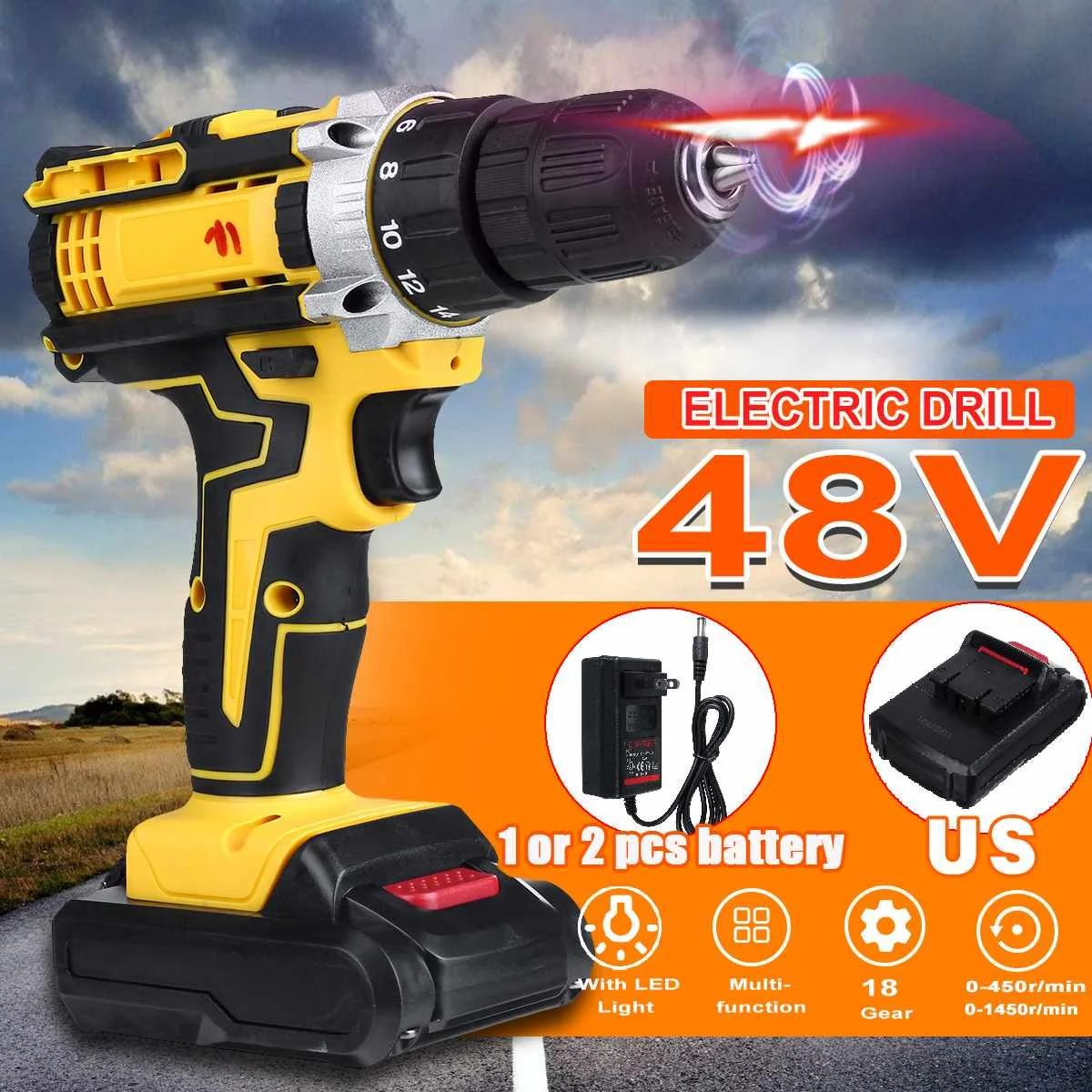 3 In 1 48V Cordless Electric Hammer Impact Drill Screwdriver 25+3 Torque Dual Speed With 2 Lithium-Ion Battery | Инструменты