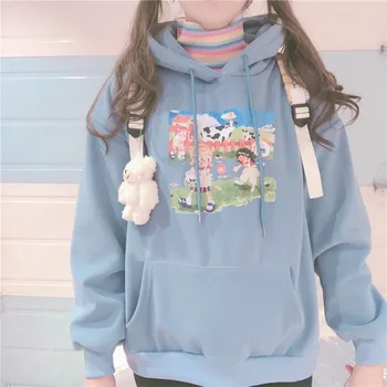 

Korean Autumn Winter Cartoon Cow Printing Plush Hoodies Students Harajuku Soft Girl Kawaii Loose Warm Pullover Sweatshirt Tops
