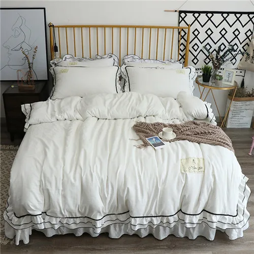 white ruffles Двойное постельное белье с оборками набор черный шар плоский лист наволочка и пододеяльник мыть хлопок постельное белье Корейская свежесть белое постельное белье - Цвет: white ruffles