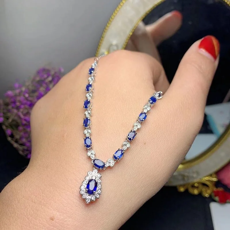 New Natural Sapphire Necklace 925 Silver Women's Necklace High-end Atmosphere Luxury Design Banquet Party Jewelry