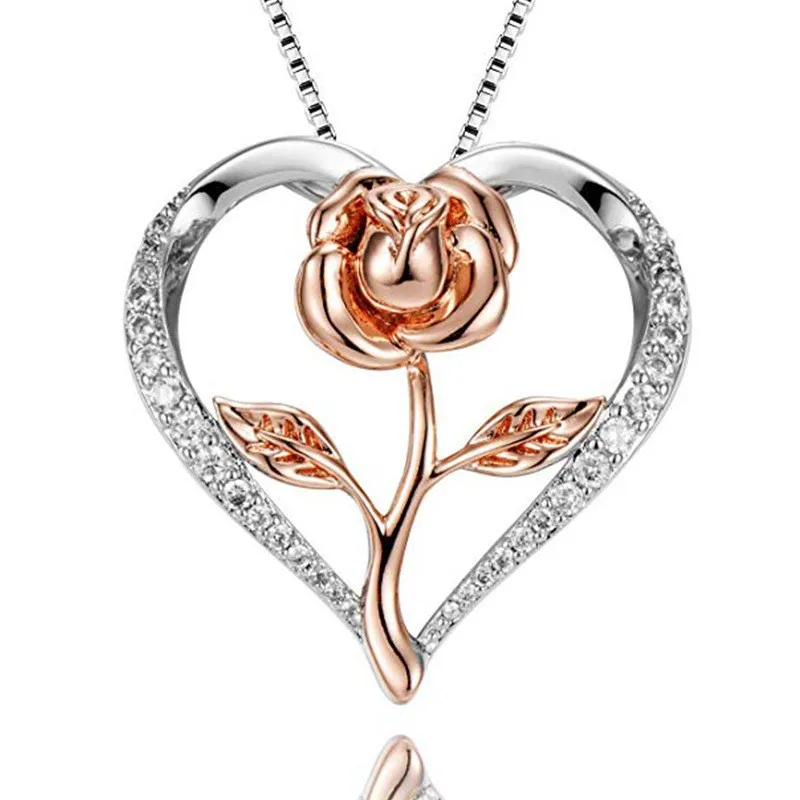 Love Heart Gold Rose Pendant Necklace 