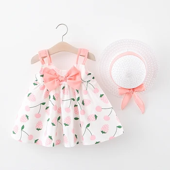 

Summer Baby Girl Dress With Hat 2 Piece Outfits Print Toddler Infant Dress Casual Bow Children Clothing Baby Girl Clothes 0-3Y