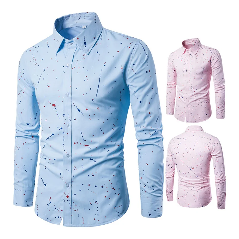 Fashionable Casual Blouse Men New Arrival Men Shirt Male Brand Clothing Printed Slim Social Business Shirt Men Pink Y