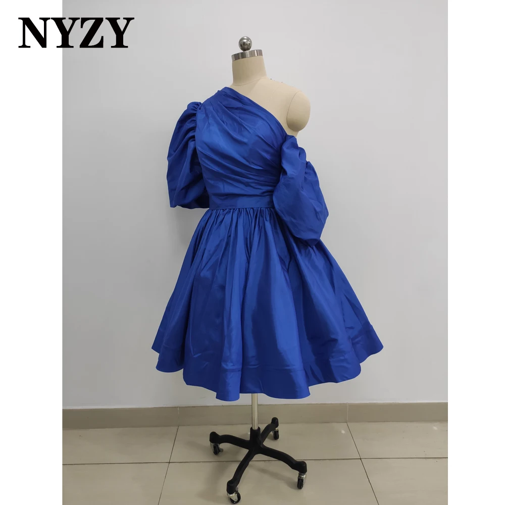 E402 NYZY Taffeta Puffy Sleeves Knee Length Dubai Evening Dresses 2022 Royal Blue Wedding Party Dress Prom Gown