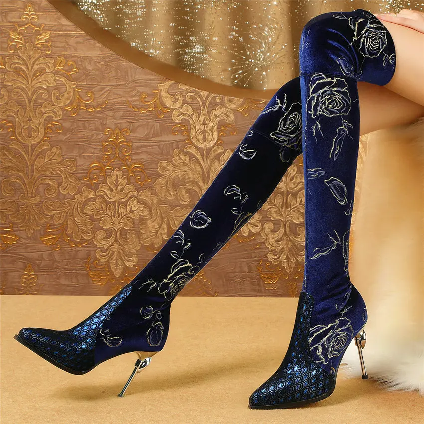 

Women Cow Leather High Heel Stretchy Over The Knee High Boots Pointed Toe Embroider Slim Leg Platform Pumps Winter Casual Shoes