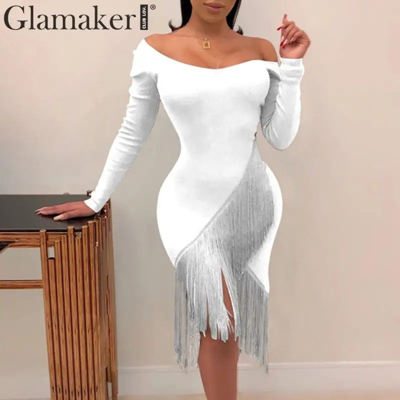 Glamaker с кисточками в стиле пэчворк с длинным рукавом Белое платье для женщин с высокой талией облегающее черное платье весеннее сексуальное элегантное вечернее платье vestidos