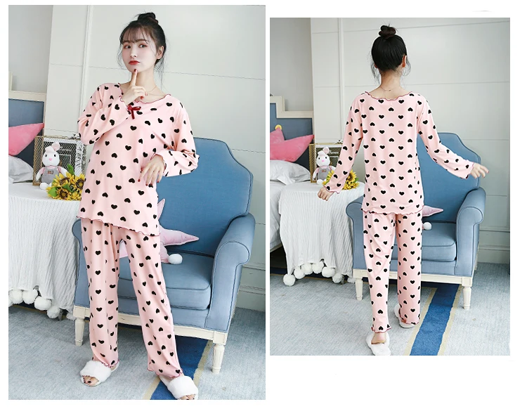 Caiyier Autumn Pajamas Set Black Peach Heart Print Nightwear Thin Long Sleeve Sleepwear Cute Bowknot For Women Causal Homewear