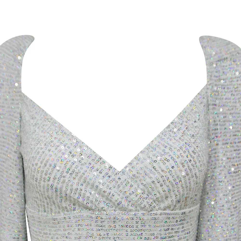 Simly Tara Winter Sexy V Neck Long Sleeve Silver Mesh Sequins Women Set Elegant Designer Club Party Women's Set