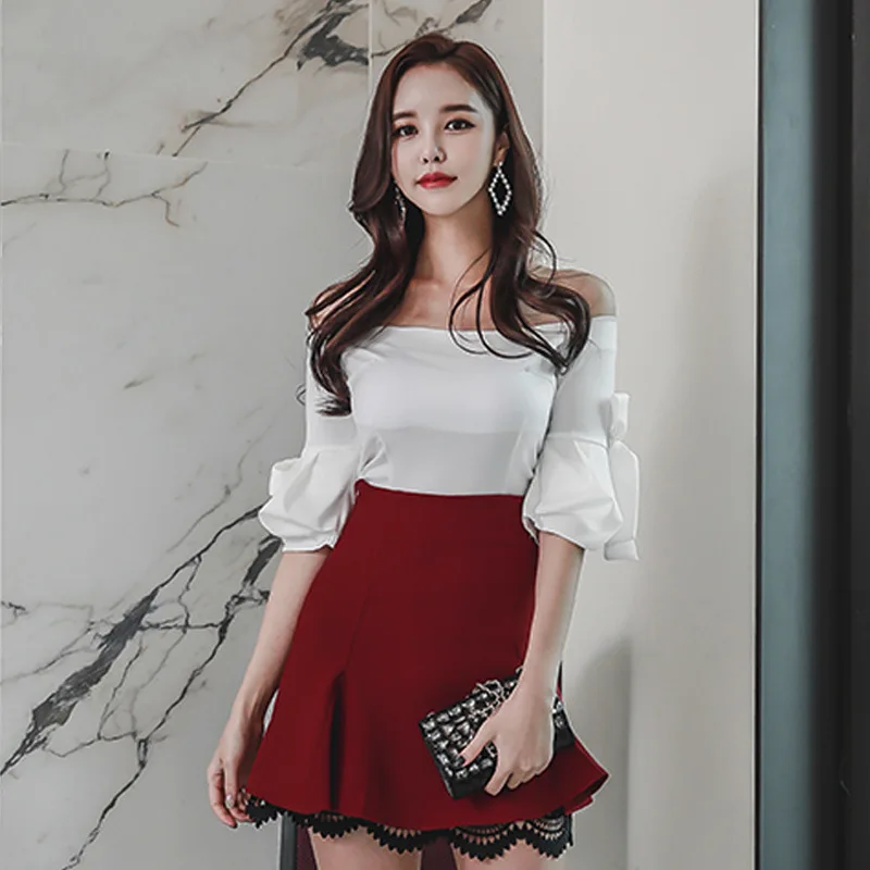 

Set 2018 Summer New Products Korean-style Horizontal Neck Tops + Fashion Slim Fit Skirt Two-Piece Set