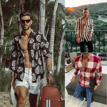 

2020 New Summer Men Long Sleeve Beach Hawaiian Shirts Cotton Casual Floral Shirts Men Striped Plaid Shirt Tops