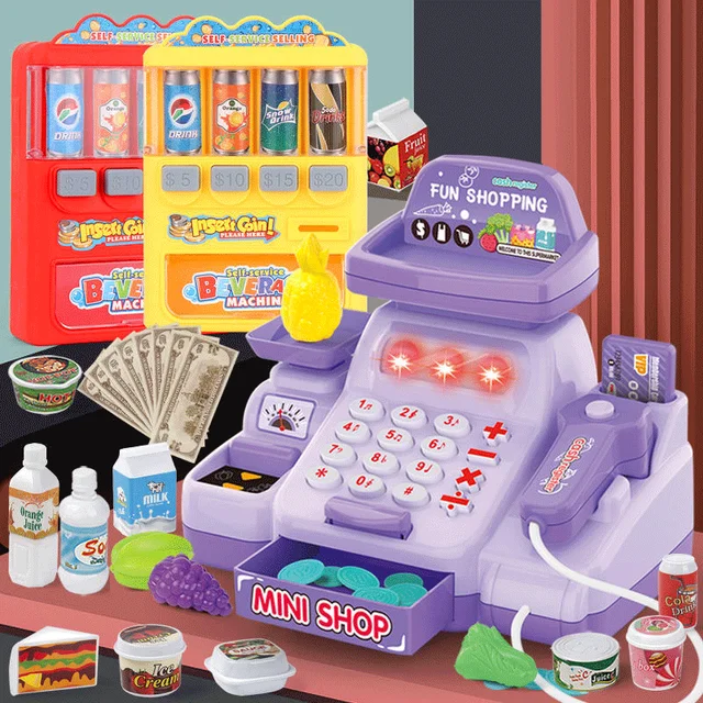 Children's Cash Register Toy Play House Baby Girl Supermarket Simulation Cash Register Set Beverage Coin Vending Machine 4