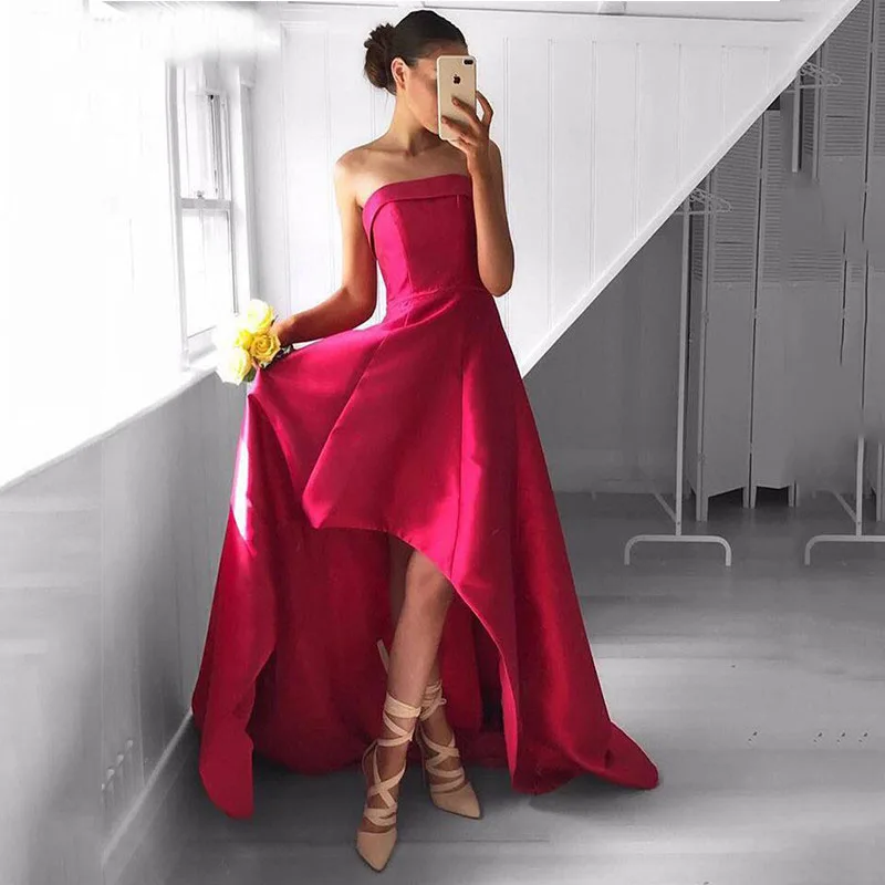 

Sevintage Simple Strapless Short Front Long Back Prom Dresses Sleeveless Satin Evening Gowns Formal Woman Party robe de soiree
