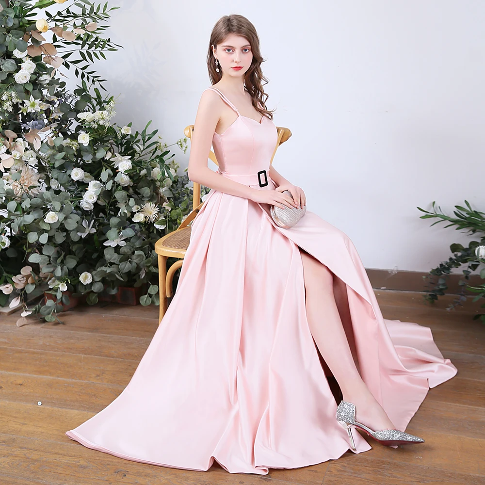 SSYFashion новые милые розовые атласные вечерние сексуальное платье без рукавов с открытой спиной на простом высоком-разделение длинное торжественное платье для выпускного вечера Vestido De Noche