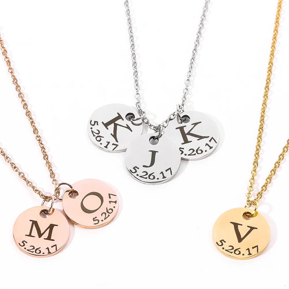 Custom Engraving letter Necklaces Stainless Steel Personalized nameplate Logo round Info Coin for Women Man Mom Gifts | Украшения и