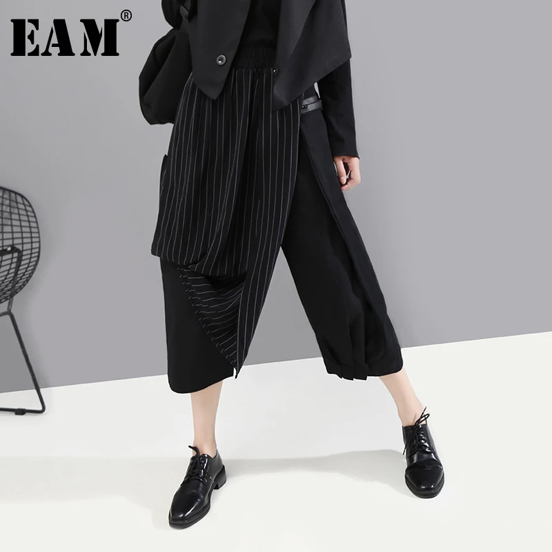 

[EAM] High Elastic Waist Striped Black Asymmetric Trousers New Loose Fit Pants Women Fashion Tide Spring Autumn 2019 1A933