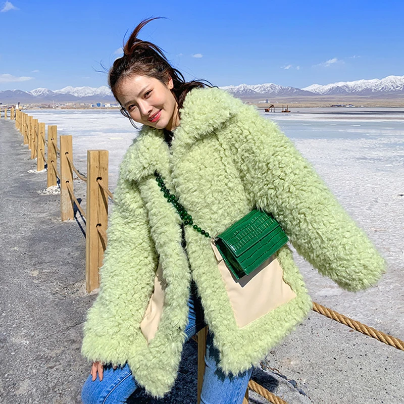 Korean Chic Women Sweet Green Faux Fur Coat Street Fashion Girls Winter Thicken Warm Fur Jacket Oversized Loose Fluffy Outerwear