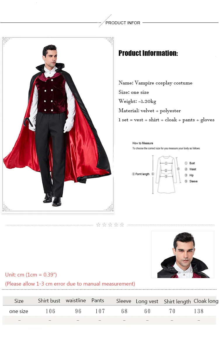 Classic Adult Cosplay Vampire Halloween Costume Party Wear Gothic Count Dracula cosplay Men's Dance Performance Clothes