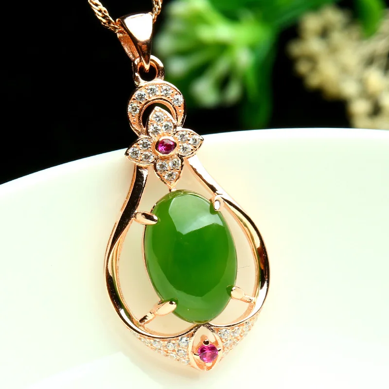 Bague Ringen Sterling Silver 925 Necklaces For Women with oval shape green Jade Pendant Fashion Weddings woman party Gift