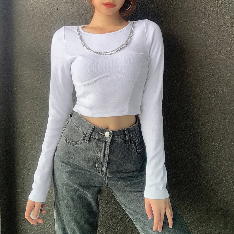 Metal Chains Patchwork Milkmaid Women's T-shirts Punk Style Vintage White Solid 90s Long Sleeve Cropped Top Tees Girl Iamhotty