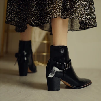 

winter Genuine leather boots women Short canister Pointed high-heeled shoes for women