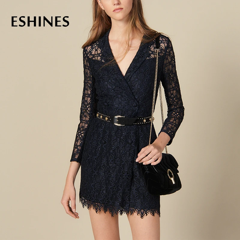 

ESHINES Autumn Dark Blue Vintage Mini Dress Elegant V-Neck Hollow Out Patchwork Lace Double Breasted Slim Office Lady Dress