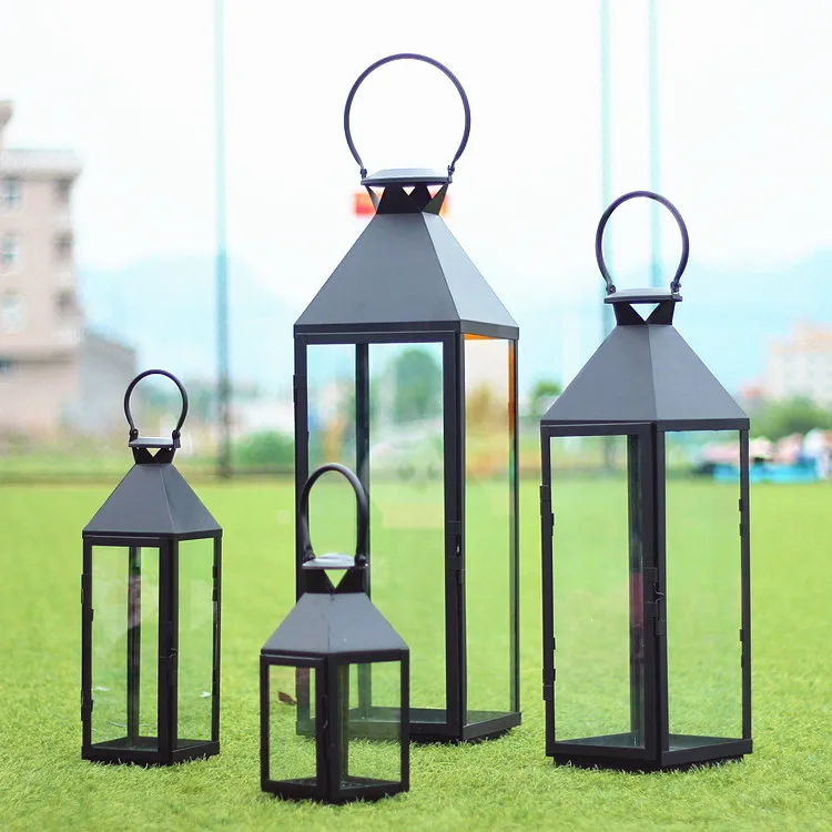 Glass Iron Candlestick Wind Lamp Retro Candle Holder Lantern Black