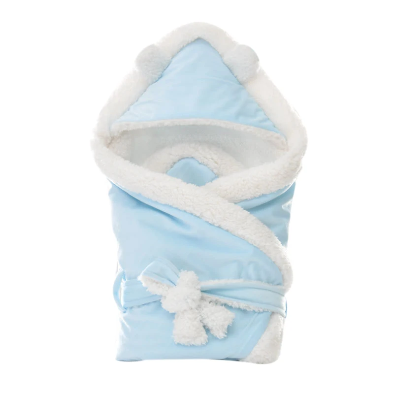 Blue Autumn Winter Warm Ear Hooded Baby Polyester fiber Swaddle Wrap for Newborn Babies Bath Towel Blanket Baby Bedding - Color: Blue