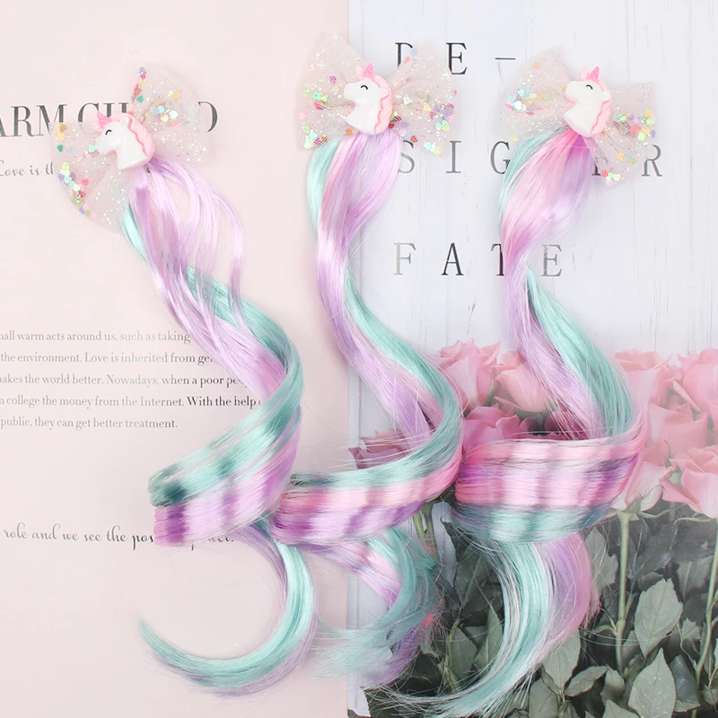 Baby Colorful Rinbow Sequins Unicorn Hairpins Wig for Girls Yarn Wings Barrettes Colorful