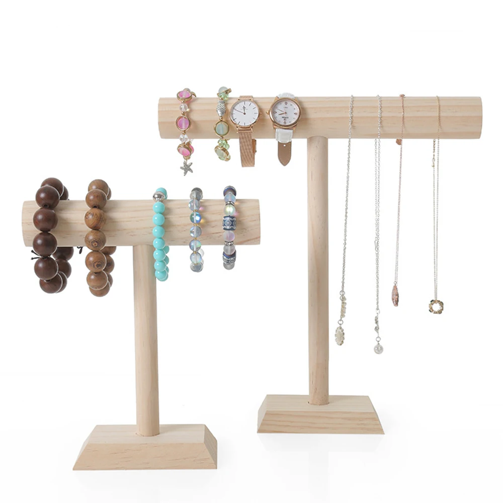 Portable Hard Wooden Bracelet Chain T-Bar Rack Jewelry Display Stand For Bangle Watch Necklace Home Organization Holder Showcase