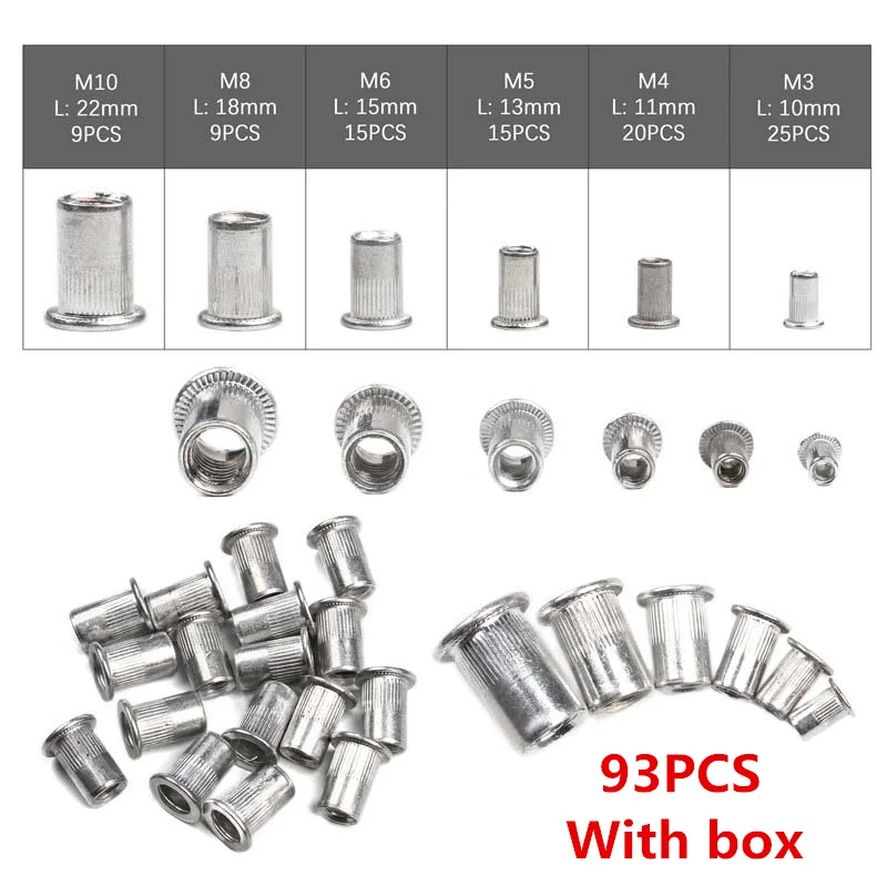 93Pcs with box 90/93Pcs Алюминиевая заклепочная гайка M3 M4 M5 M6 M8 M10 Алюминий сплав Rivnut плоской головкой заклепки с резьбой вставка из нержавеющей стали Nutsert Кепки заклепочная гайка - Цвет: 93Pcs with box