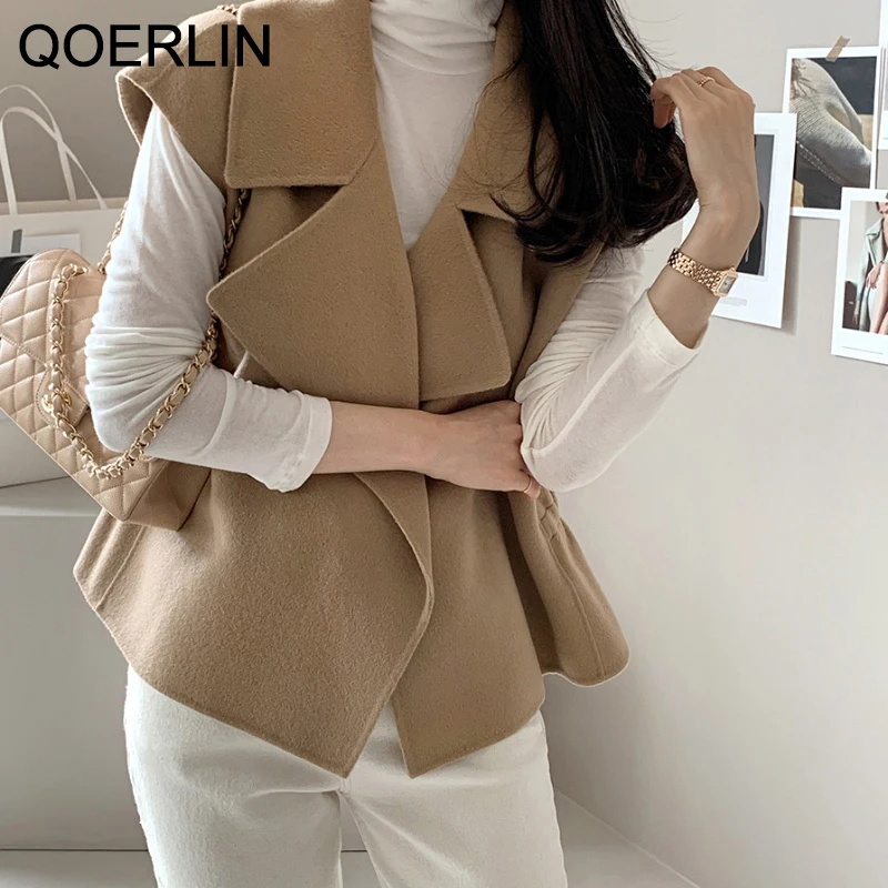 QOERLIN Double-sided Wool Coat Waistcoat Women Winter Clothes Thick Warm Elegant Waisted Jacket Coat Turn-Down Cardigans Female