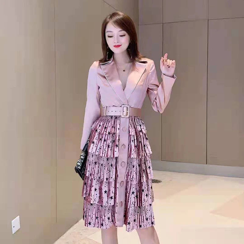 HIGH QUALITY New Fashion Designer Runway Dress Women's Long Sleeve Cascading Ruffles Notched Collar Dress