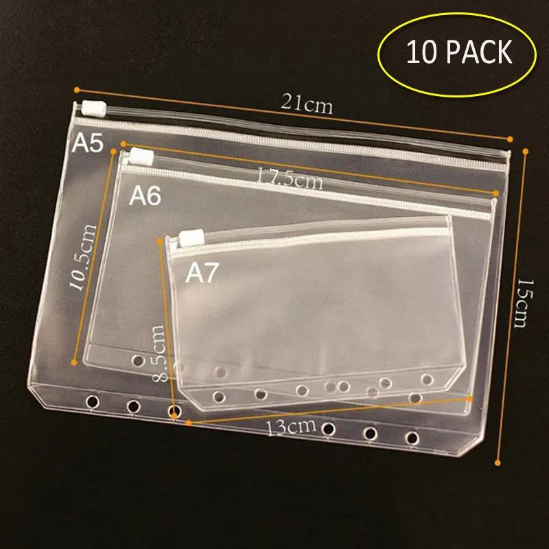 Plastic Bags Pouched Notebook-Binder Binder-Pockets Clear Zipper A6 10pcs for Ring A5