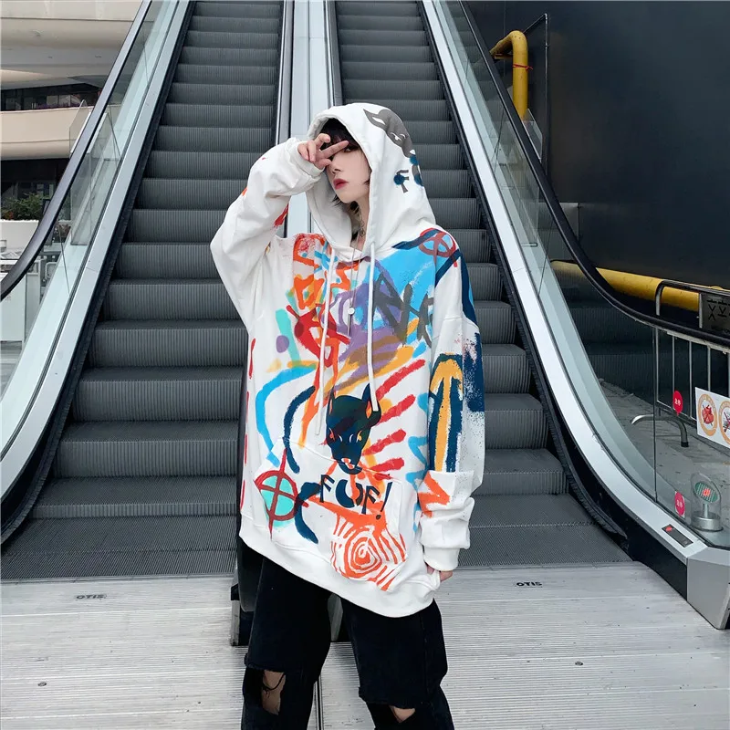 Япония Стиль Harajuku с капюшоном пуловер с надписями Свободная Толстовка Для женщин Многоцветный полоски толстовки с капюшоном в стиле хип-хоп, костюмы для танцев