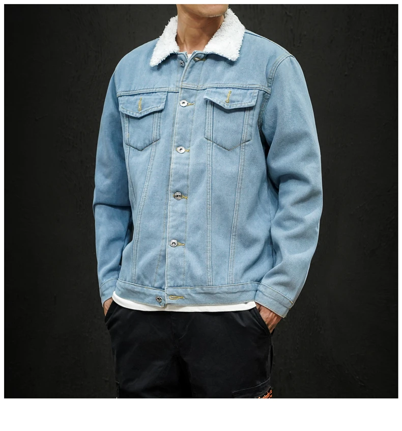 Plus Velvet Thick Denim Jacket Men's Slim Warm Fashion Casual Cotton Fur Collar Denim Jacket Man Streetwear Bomber Jacket Men - Цвет: babyblue