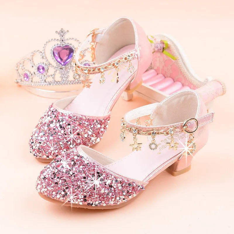 Princess Kids Shoes Girls Sandals 2022 New Casual Glitter Rhinestone Children High Heel Crystal Student Performance Footwear