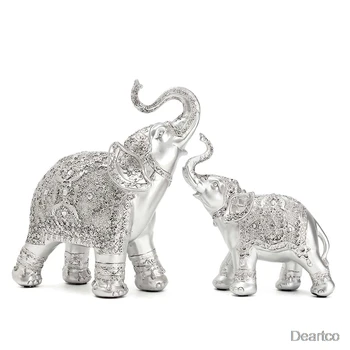 

Deartco 2pcs/set Silver Polyresin Ornate Elephant Statue Lucky Figurine Sculptures Ornaments Home Office Animal Metal Europe