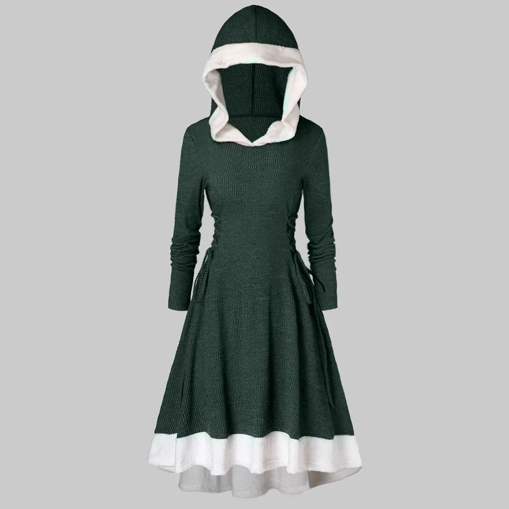 Robe hiver femme, женское платье с длинным рукавом, винтажное, однотонное, размера плюс, с капюшоном, на шнуровке сбоку, зимнее платье, vestidos ropa mujer sukienki
