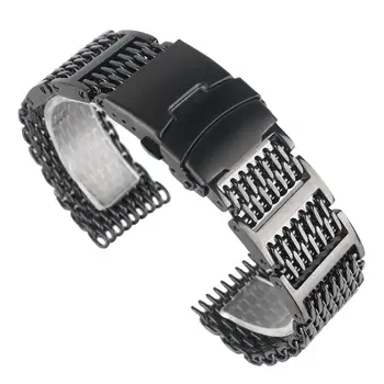 

20/22/24mm Black Shark Mesh Stainless Steel Watch Strap Push Button Hidden Clasp Men Watches Band Adjustable Bracelet