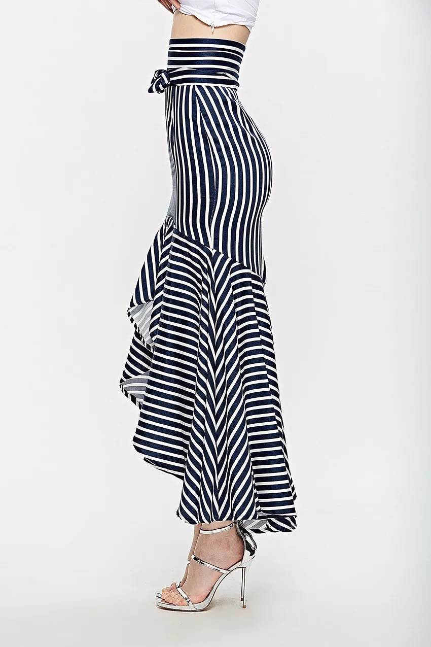 Женская длинная юбка в стиле бохо с оборками, синяя полосатая Асимметричная юбка с завышенной талией, Необычные пляжные юбки с поясом-бабочкой