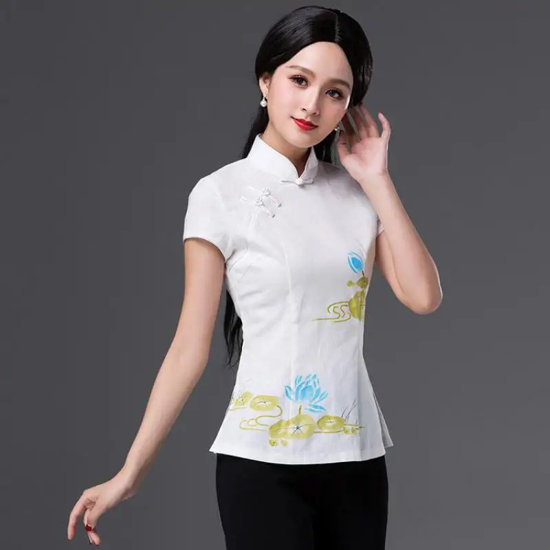 Хлопковая льняная тонкая приталенная винтажная китайская рубашка Cheongsam с пуговицами в виде лягушки, женская летняя Этническая футболка с коротким рукавом