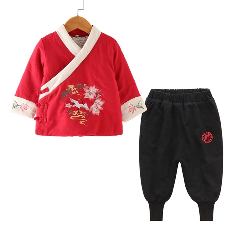 Хлопковая теплая одежда Hanfu в китайском стиле; зимняя одежда в национальном стиле; одежда в стиле ретро; хлопковый Детский костюм в стиле Тан