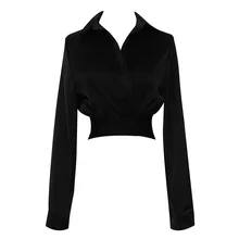 

2021 Women Spring All Match Temperament Cross Black Short Shirt Female High Waist Top Shirt Korean Long Sleeve Solid Y2k Blouse