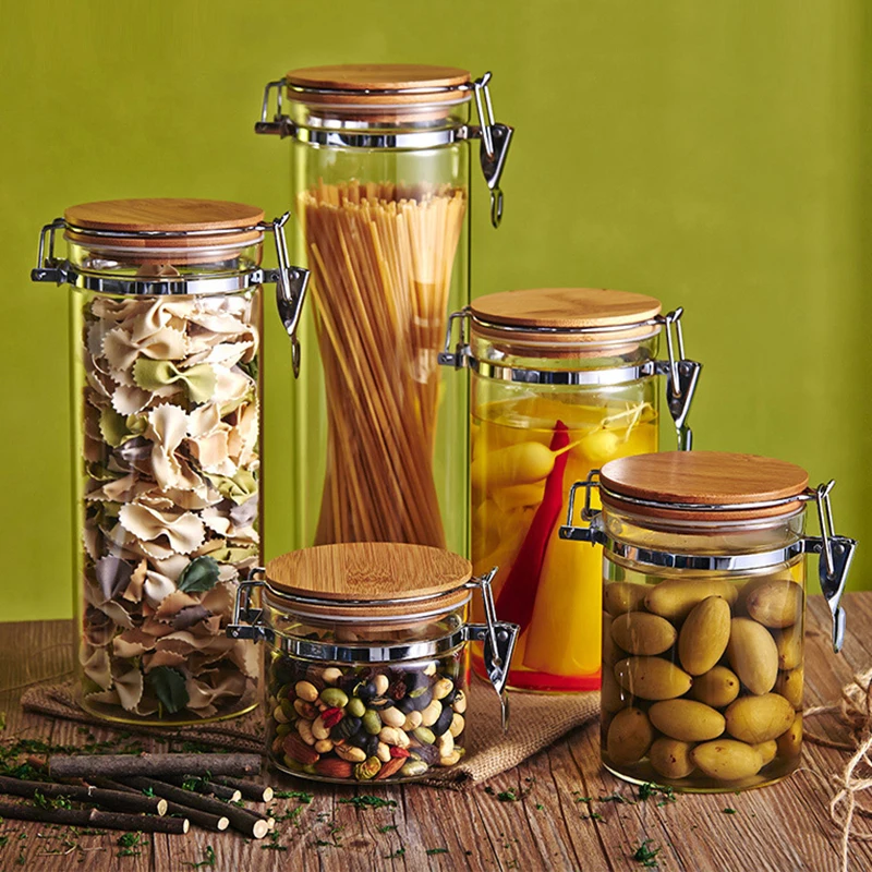 

Glass Sealed Storage Bottles Jars with Stainless Steel Buckle Kitchen Desktop Transparent Food Snacks Tank Cereal Containers